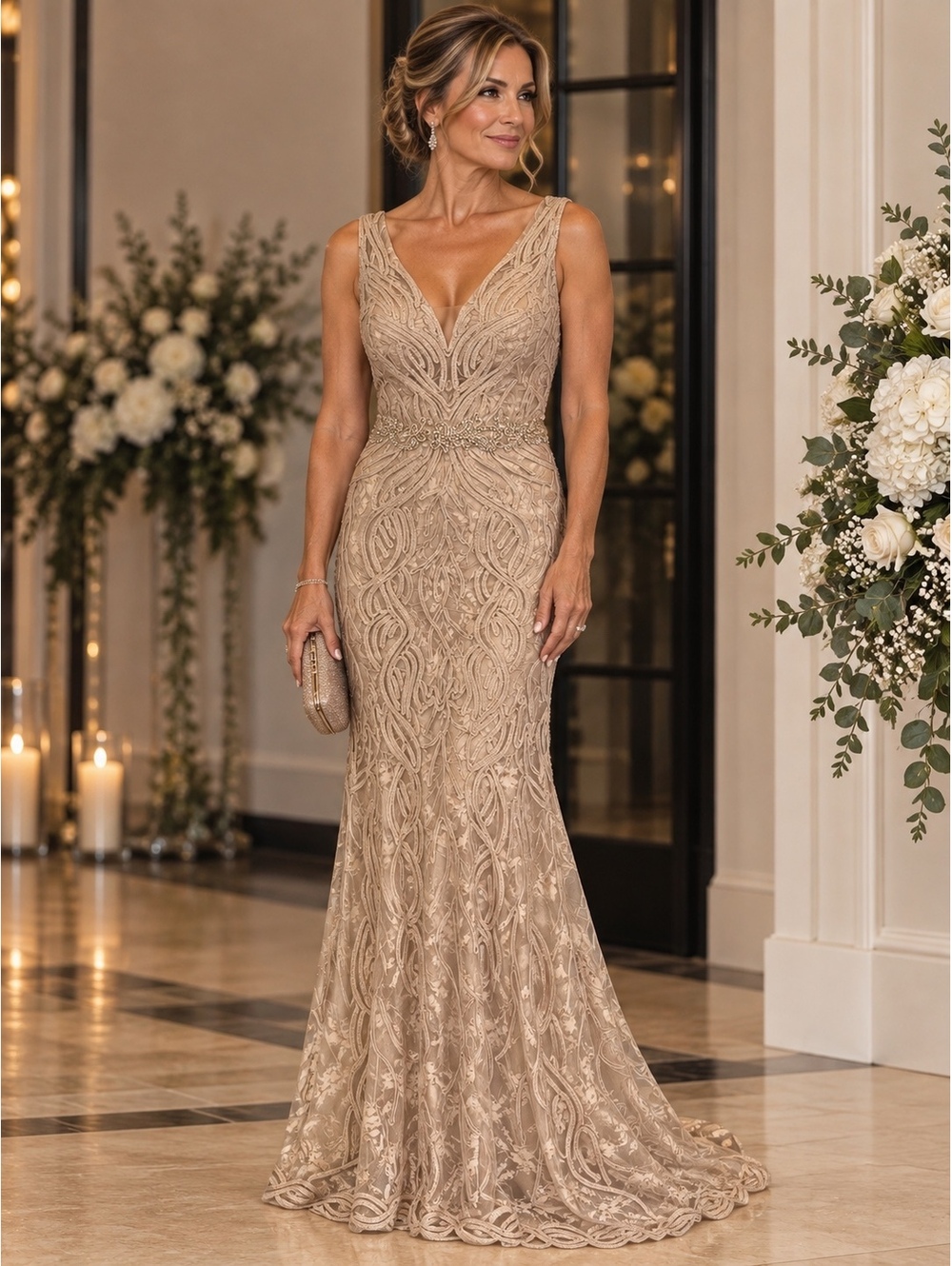 Elegant Beige Champagne Embroidered Evening Gown with Beaded Waist Detail sz 16